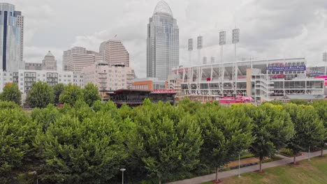 downtown cincinnati skyline drone video aerial view