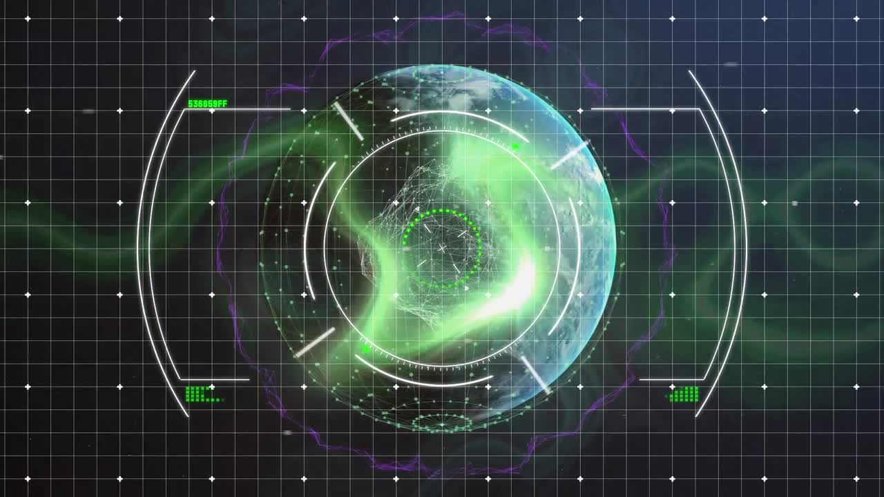 파란색 배경에 녹색 디지털 파동에 대항하여 지구상에서 스 스캔의 애니메이션.