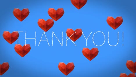 animation of thank you text in white over red hearts floating up on blue background