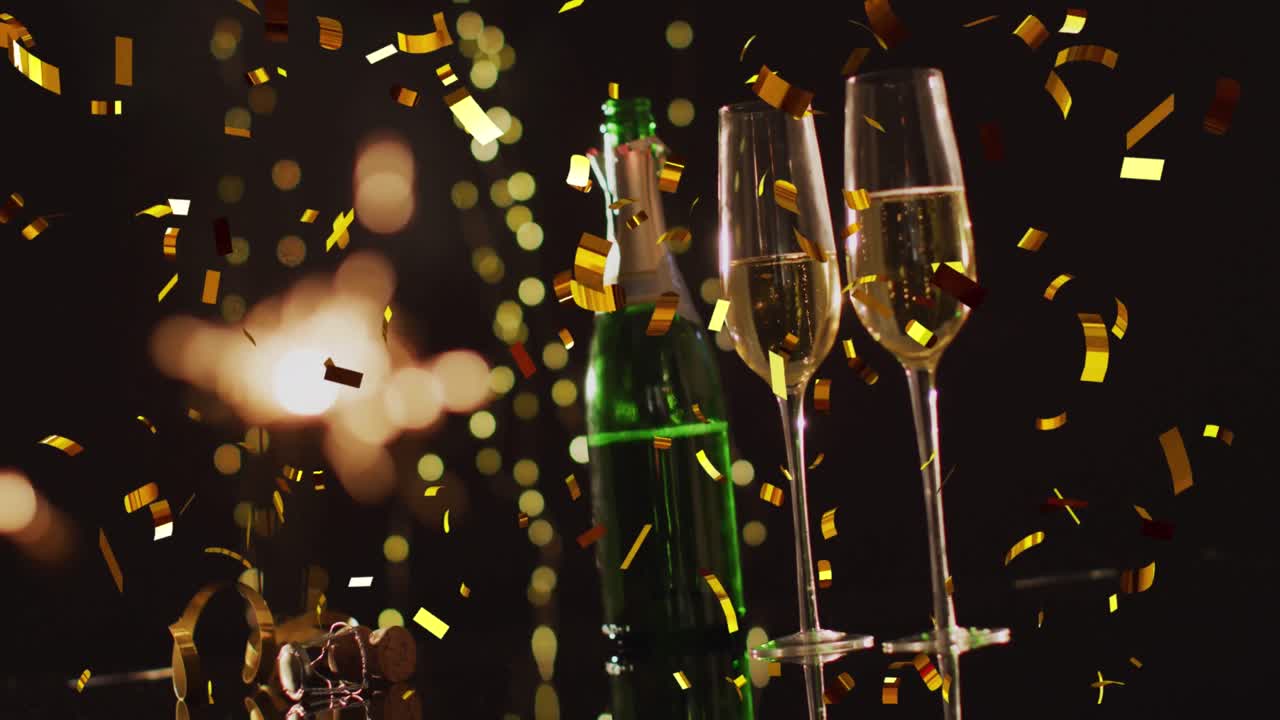 Animazione di coriandoli, champagne e bicchieri da champagne
