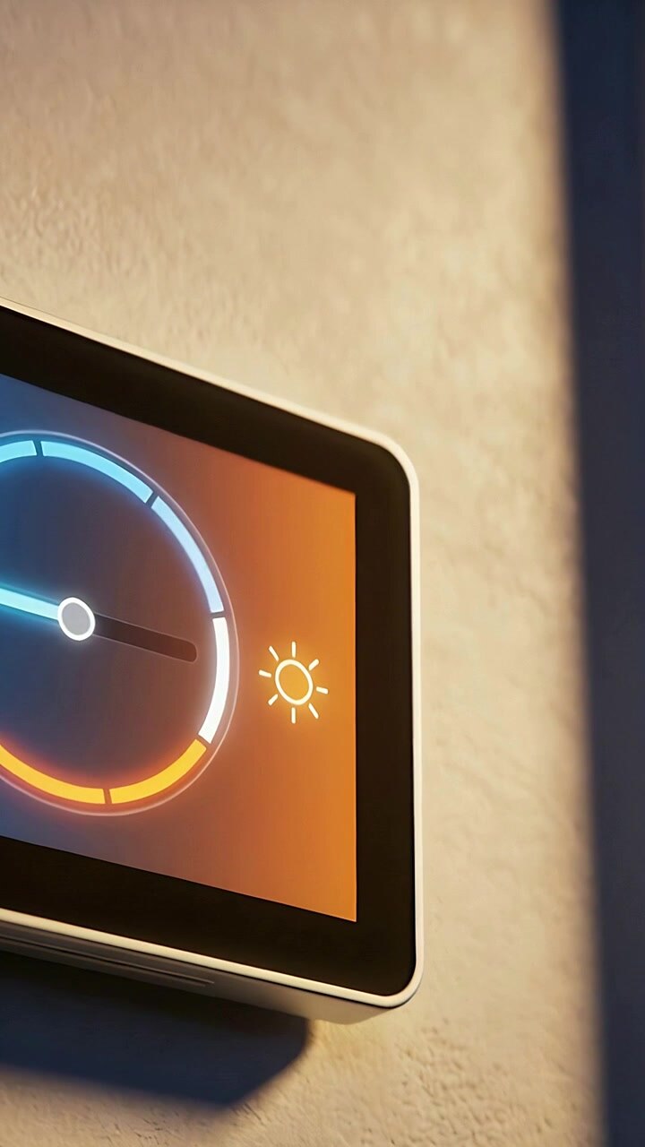 Video verticale: animazione della manopola del termostato a parete che si muove dopo un cambio di temperatura in casa, con icona del sole