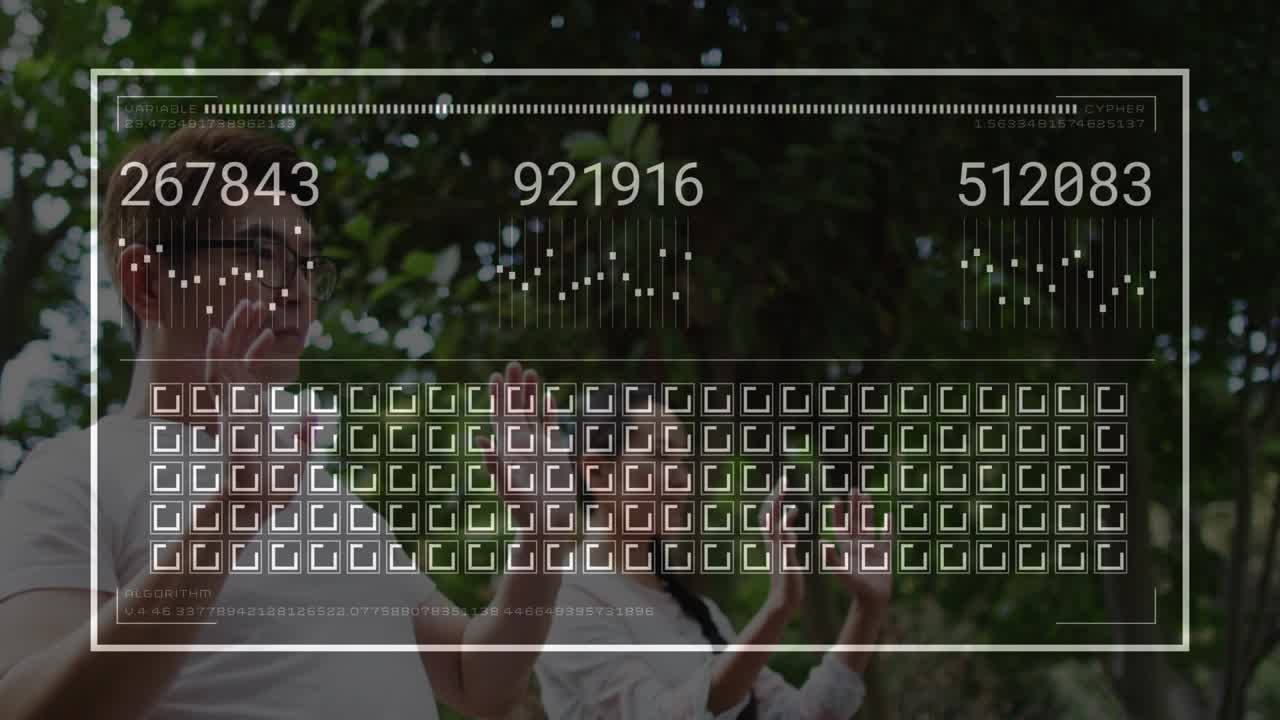 Man and woman doing in-sync palms, frame appearing, HUD scanning numbers and grid for wellness