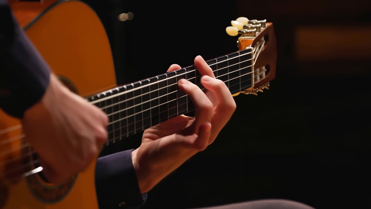 Close-up of hands fretting and strumming an acoustic guitar, centered on the fretboard and strings against a dark background with soft warm lighting