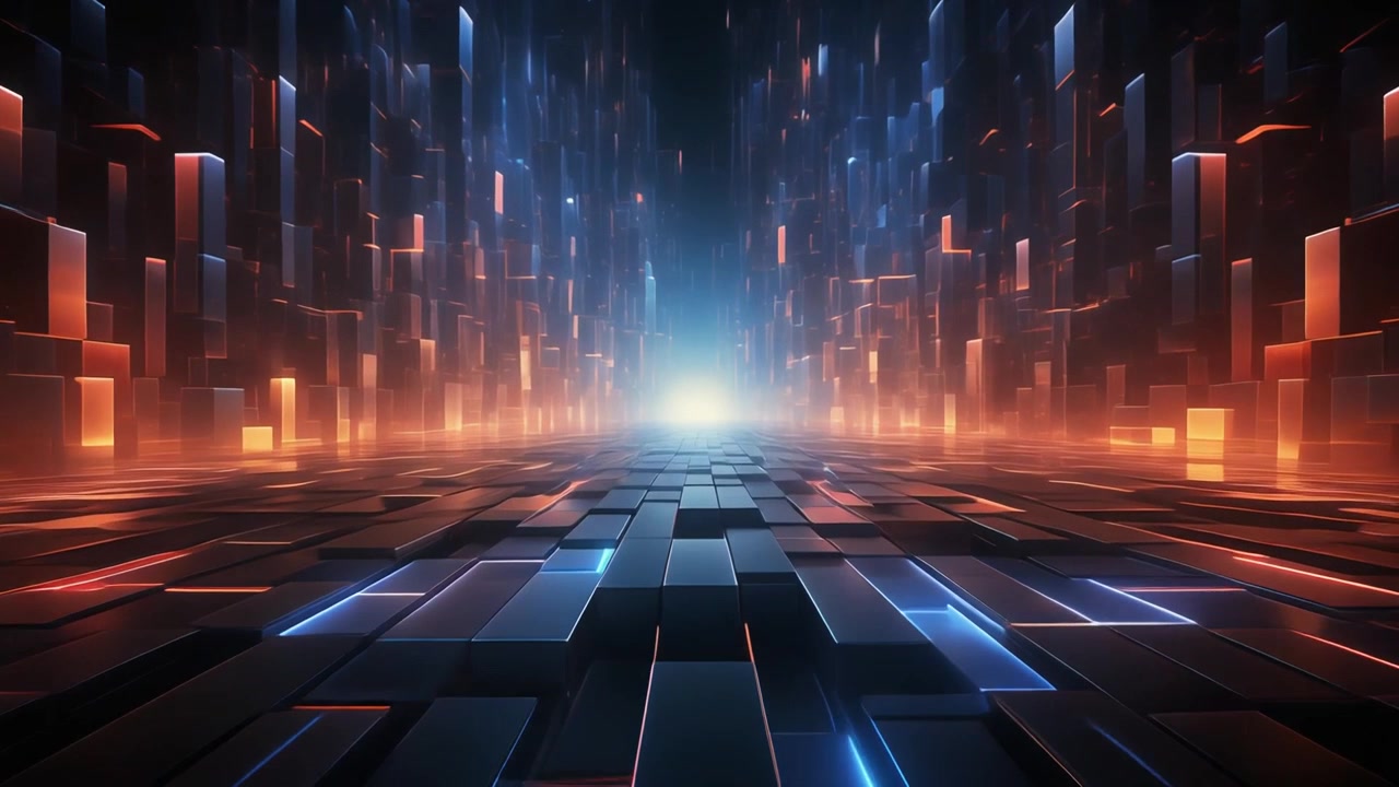 Abstract Digital Corridor with Glowing Neon Geometric Structures