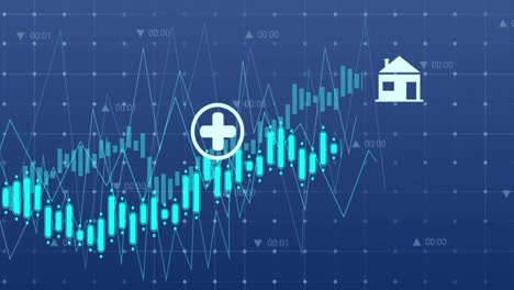 Animación-De-Múltiples-Iconos-Digitales-Y-Procesamiento-De-Datos-A-Través-De-Una-Red-Grid-Sobre-Fondo-Azul.