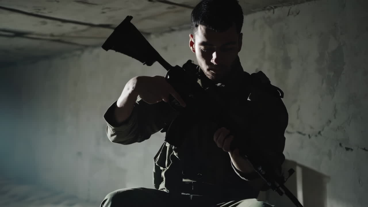 Soldier Inspecting Weapon in Underground Bunker