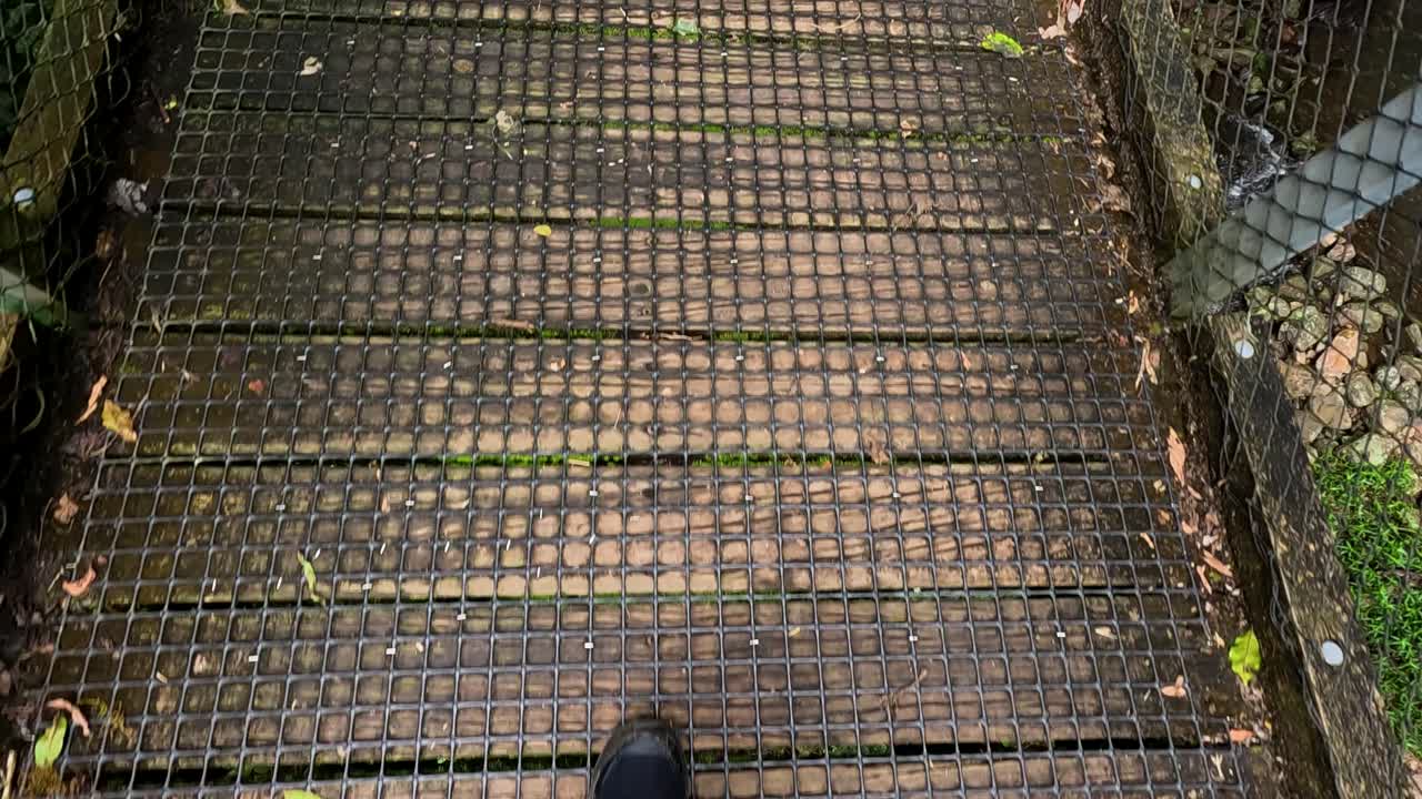 A person walks across a mossy wooden bridge in slow motion, capturing each step with detailed focus
