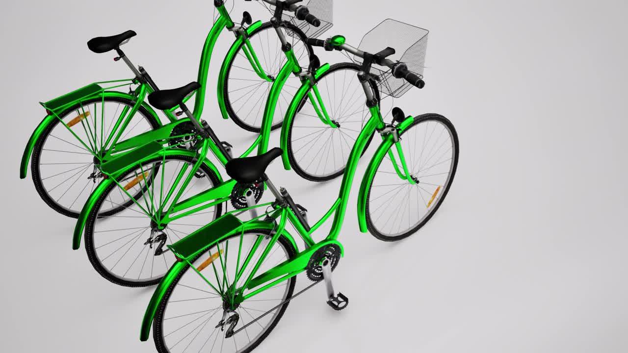 색 배경에 있는 세 개의 초록색 3d 자전거, 3d 애니메이션, 카메라  아웃 천천히
