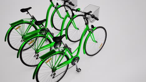 three green 3d bicycles on white background, 3d animation, camera zoom out slowly