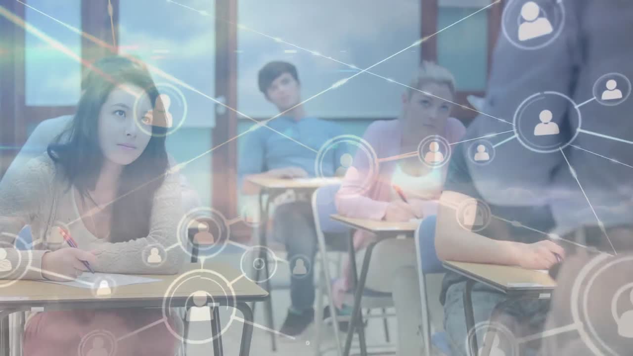 학생들 위의 아이콘으로 연결된 네트워크의 애니메이션