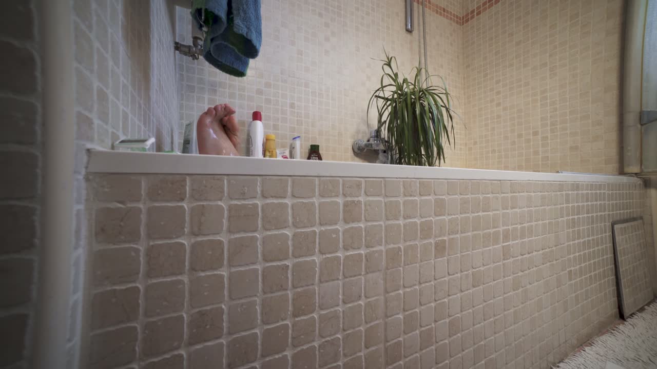 Kvinde med plante i badekar på badeværelset derhjemme.