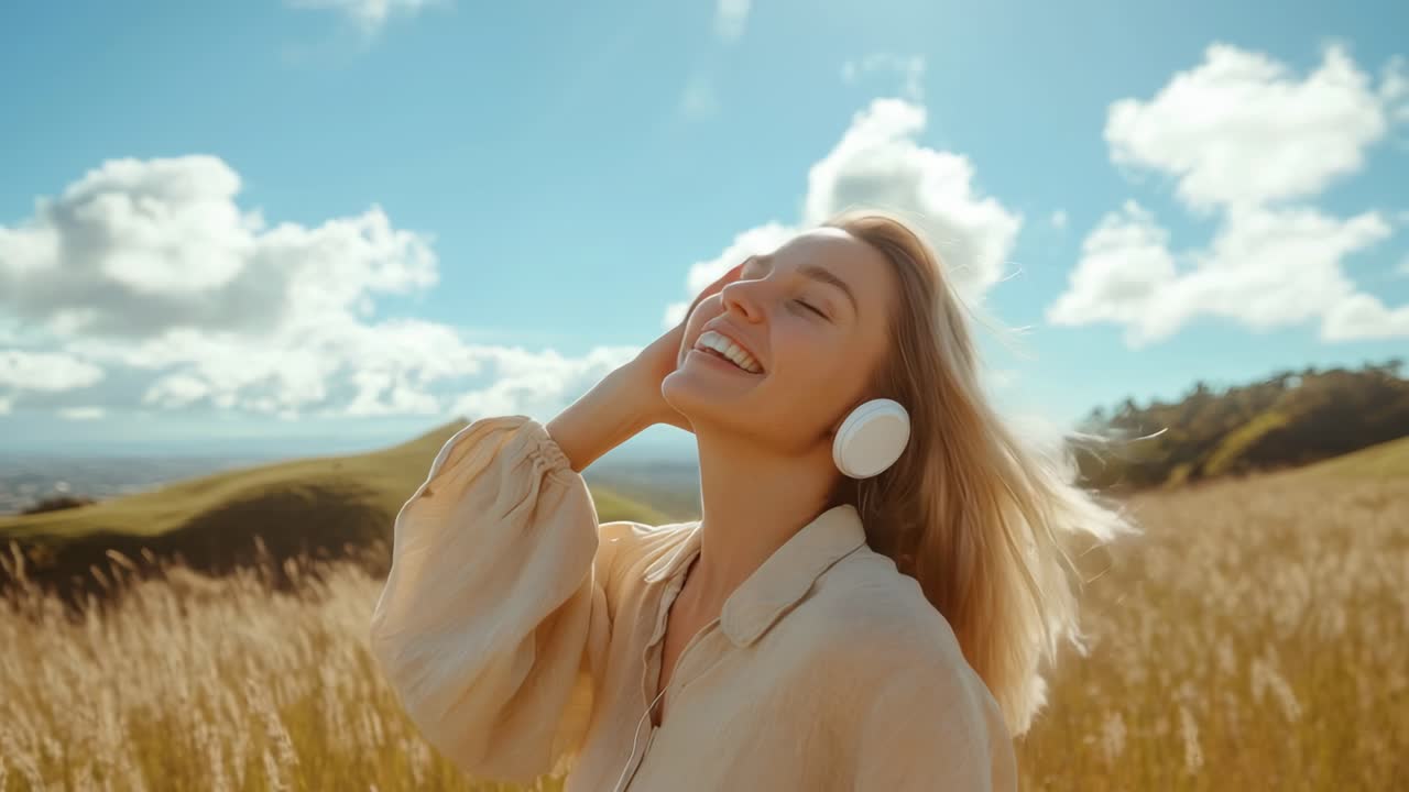 A joyful woman with headphones in a sunny field, captured in a low-angle shot