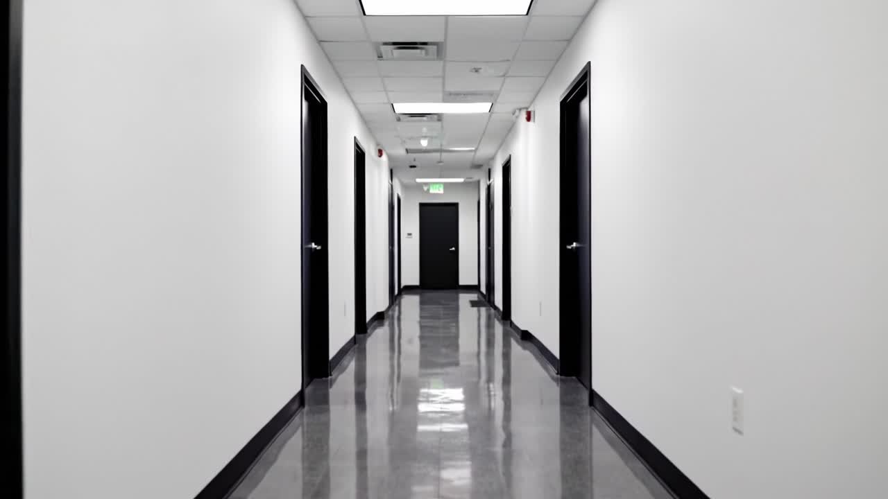 A Clean and Modern Hallway Featuring Uniform Black Doors and Polished Floors, Emphasizing Symmetry and Minimalist Design Aesthetic in Indoor Architecture