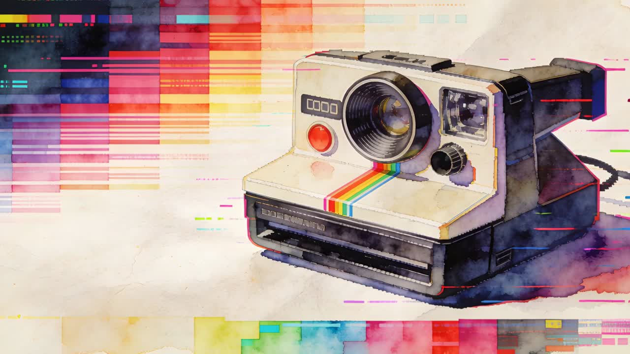 Zooming retro instant camera moving forward on watercolor paper ...