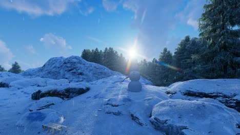 winter, natural environment, with snowman with a black hat, snow falling, clouds passing by, sunset, blue sky, pine trees, and cliffs 3d photorealistic animation dolly in