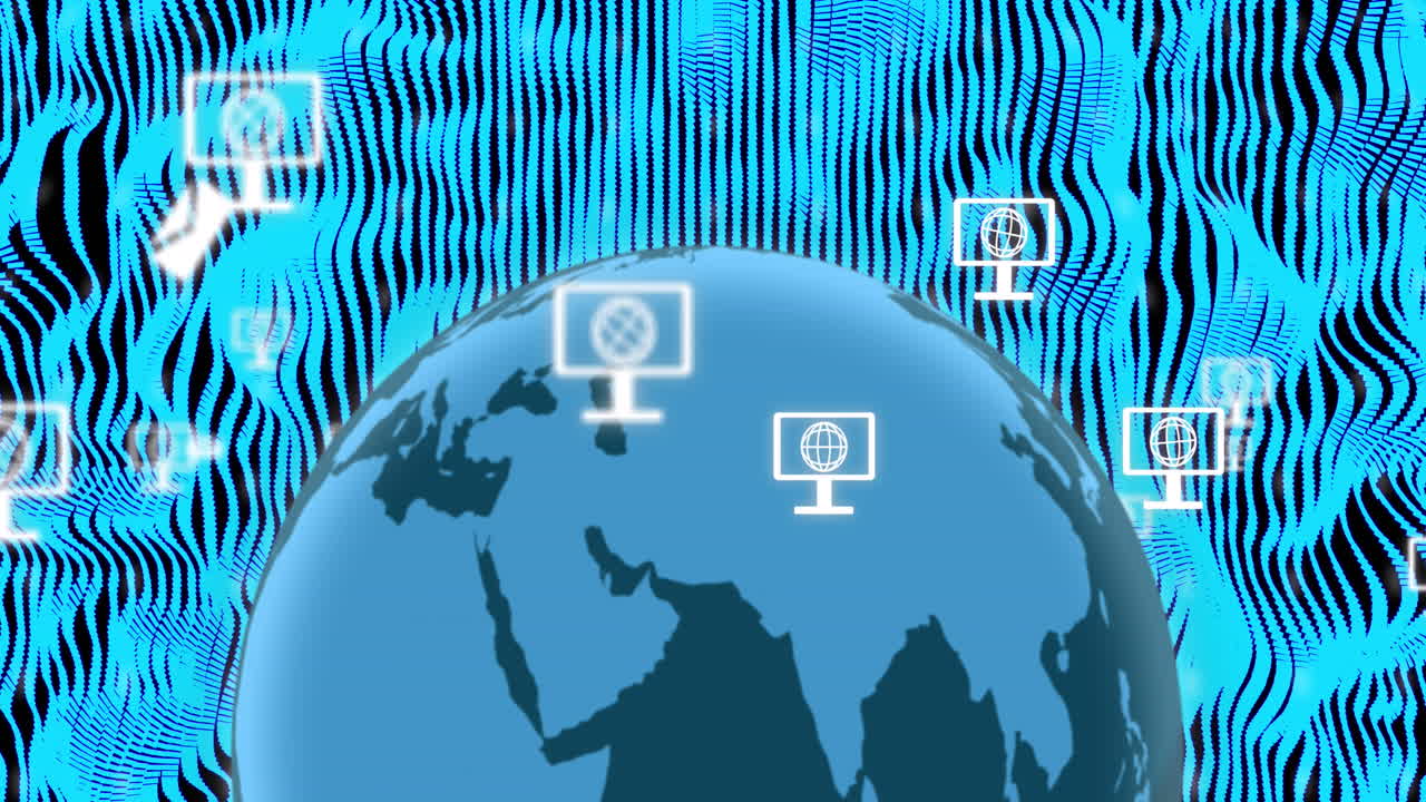 움직이는 모양 위에 미디어 아이콘과 함께 회전하는 지구의 애니메이션