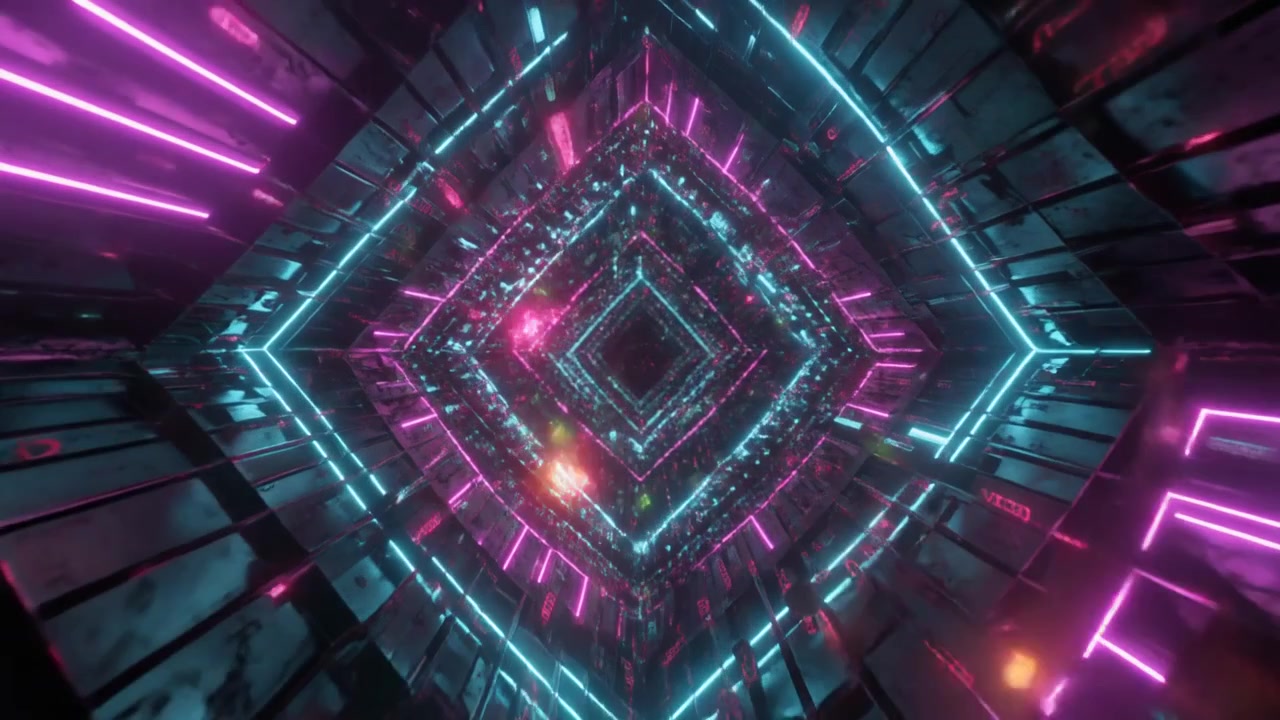Futuristic Tunnel with Glowing Neon Diamond Shapes