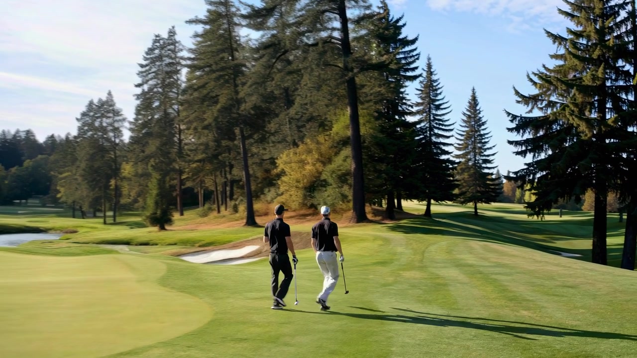 Due uomini che camminano con mazze da golf su un campo da golf verde e panoramico