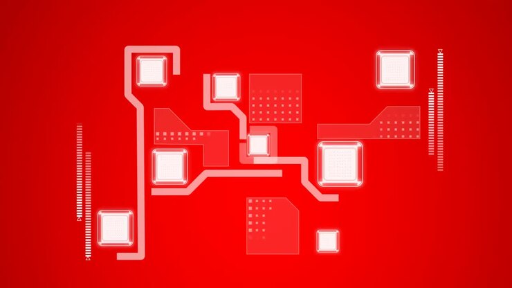 Animation of network of connections and data processing over red background
