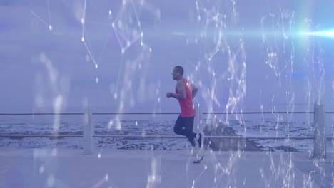 animation of network and processing data over male athlete with running blade training by the sea