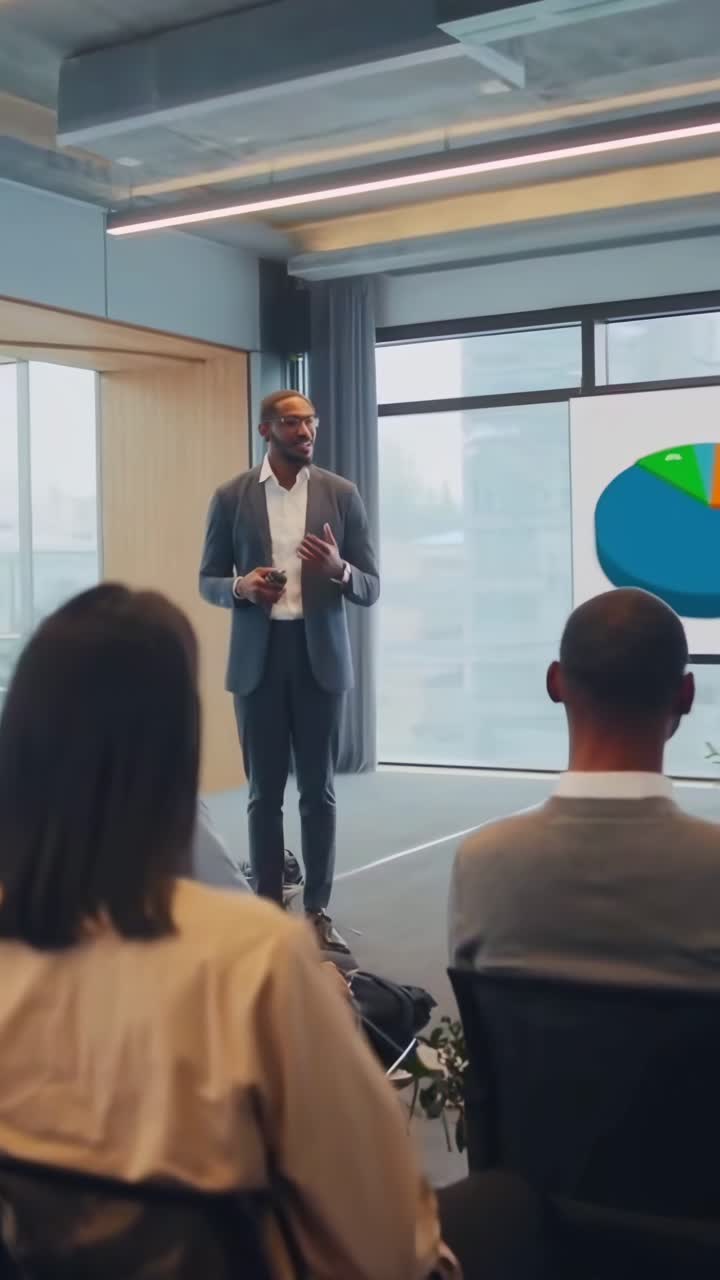 A video captures a business presentation from a rear angle, showing a speaker and audience