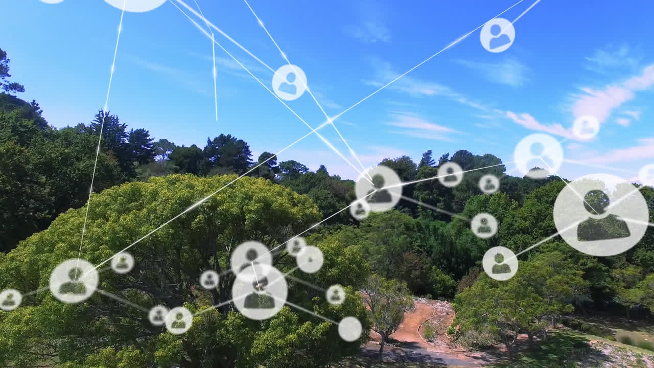 animación de redes de conexiones con iconos sobre el paisaje