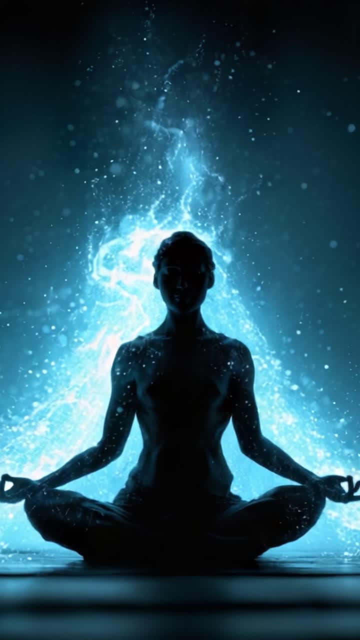 Un sereno momento di meditazione illuminato da una brillante energia cosmica, che esplora la connessione tra consapevolezza e armonia universale attraverso immagini incantevoli.