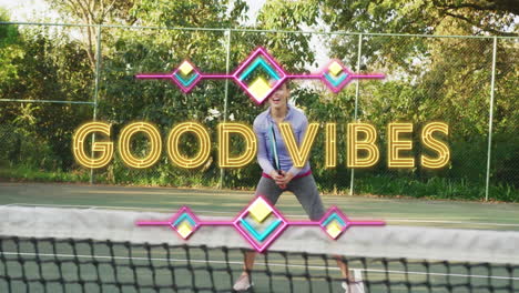 female tennis player hitting serve at net with neon good vibes overlay, racket for sports marketing