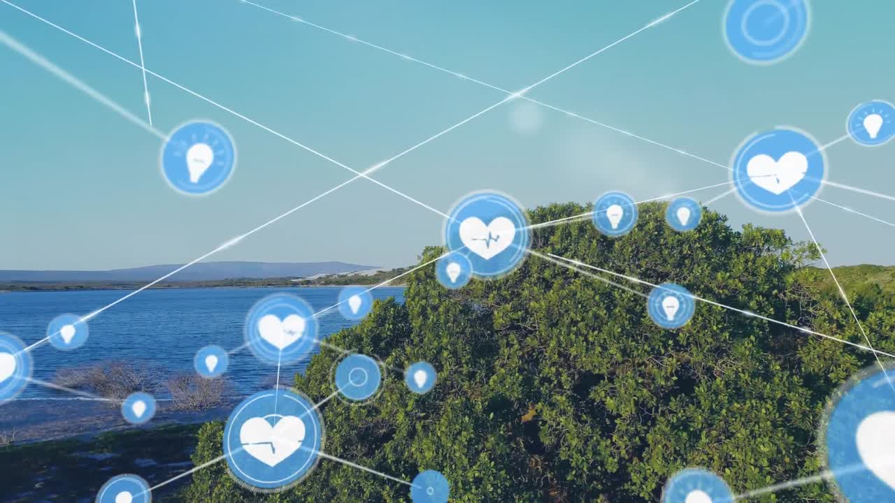 섬과 바다의 공중 시야에서 디지털 아이콘 네트워크의 애니메이션.