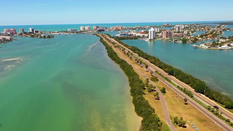 drone shot of the hotels and resorts of clearwater beach in florida