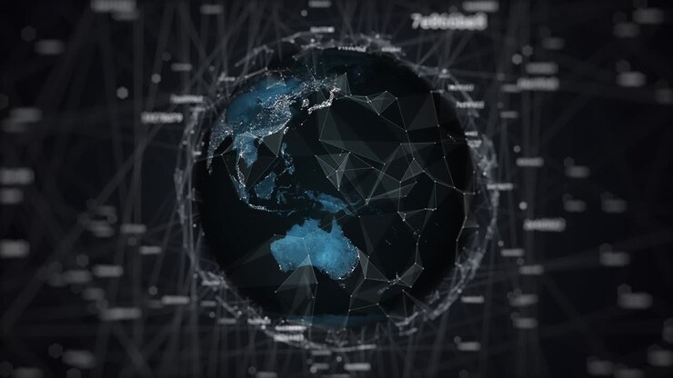 earth globe spinning in geometric chaos with digital noise witch connected hash