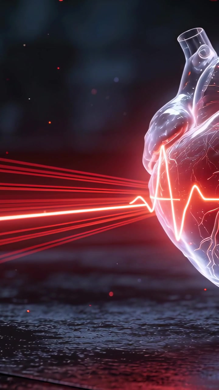 Video verticale: ECG pulsante che parte da sinistra e si muove verso destra su un pavimento scuro, illuminando un cuore, con spazio per il testo.