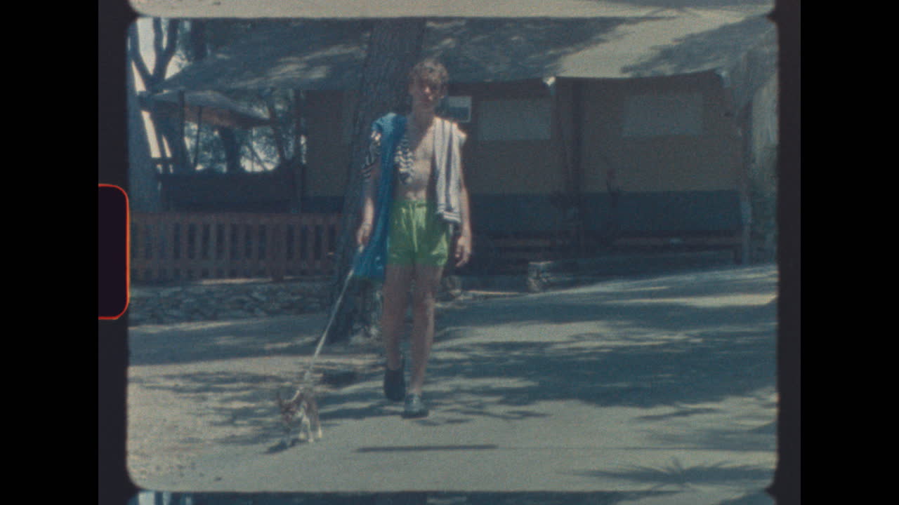 Man walking a dog in summer