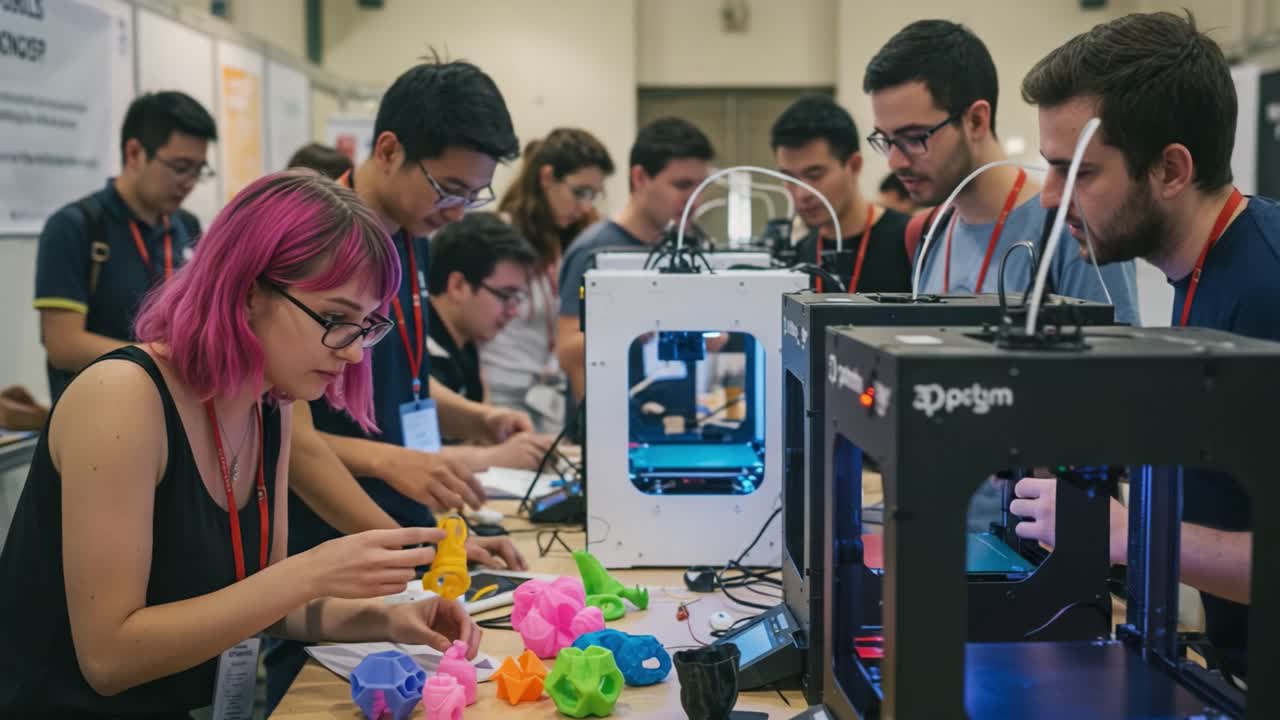 Creative Collaboration at a 3D Printing Workshop: Innovators Engaged in Design and Printing of Colorful Prototypes with Advanced Technology in Motion