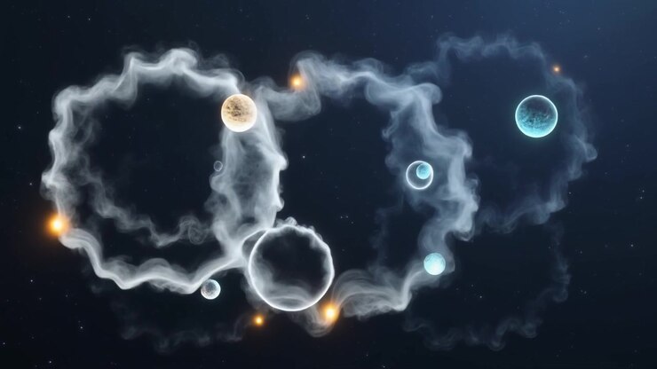 Abstract Animation of Glowing Planets and Nebulous Rings in Space