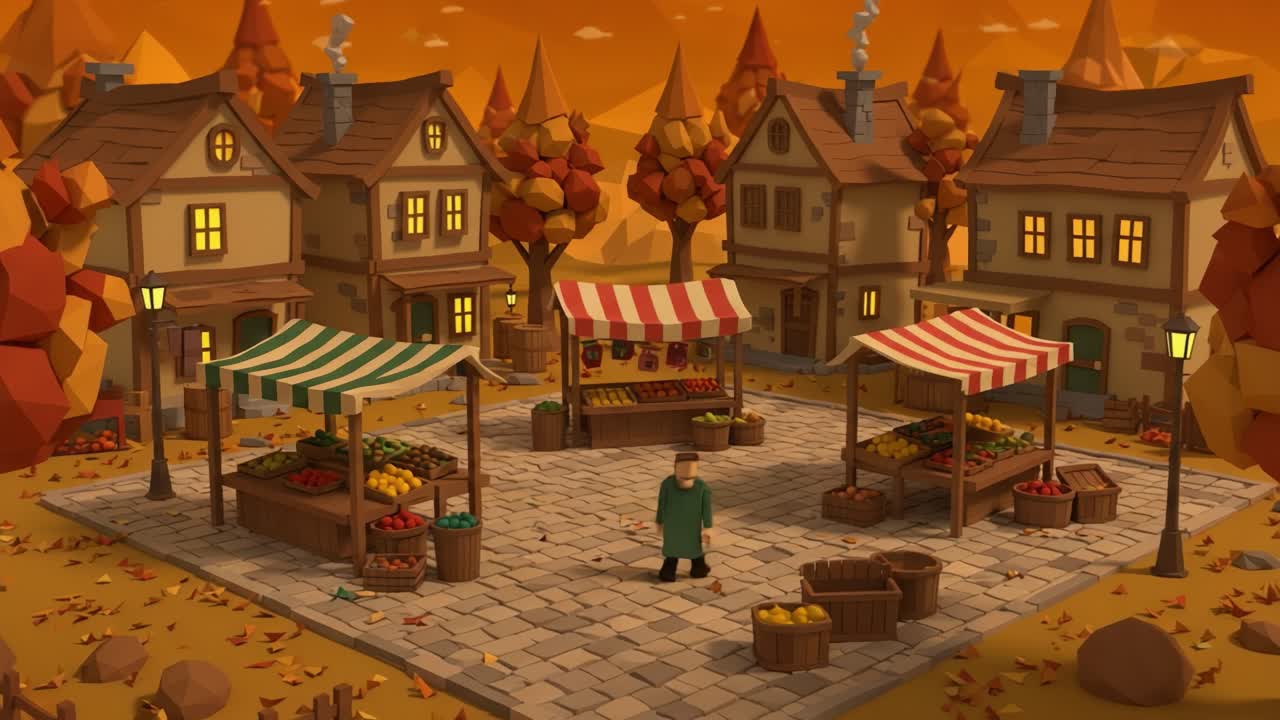 Charming Autumn Marketplace Scene in a Whimsical Art Style Featuring Colorful Stalls Surrounded by Cozy Houses and Vibrant Fall Foliage