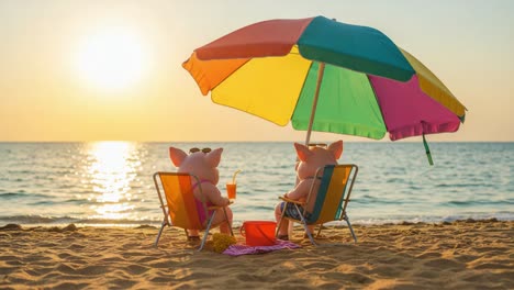 two adorable pig characters enjoying a serene beach sunset under a colorful umbrella with refreshing drinks in hand while relaxing on sandy shores