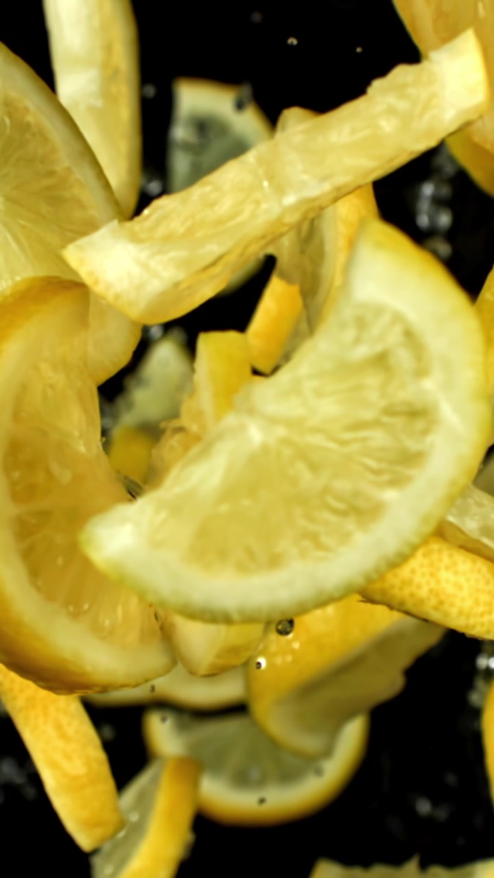 Fresh Lemon Slices Falling in Slow Motion with Water Droplets