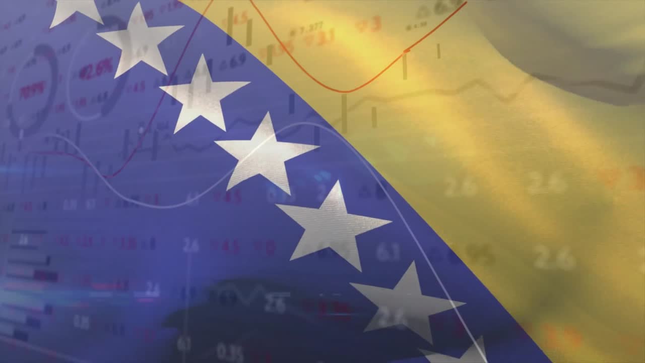 Apertura con la bandiera della Bosnia che sventola su grafici finanziari fluttuanti che illustrano le tendenze del mercato.