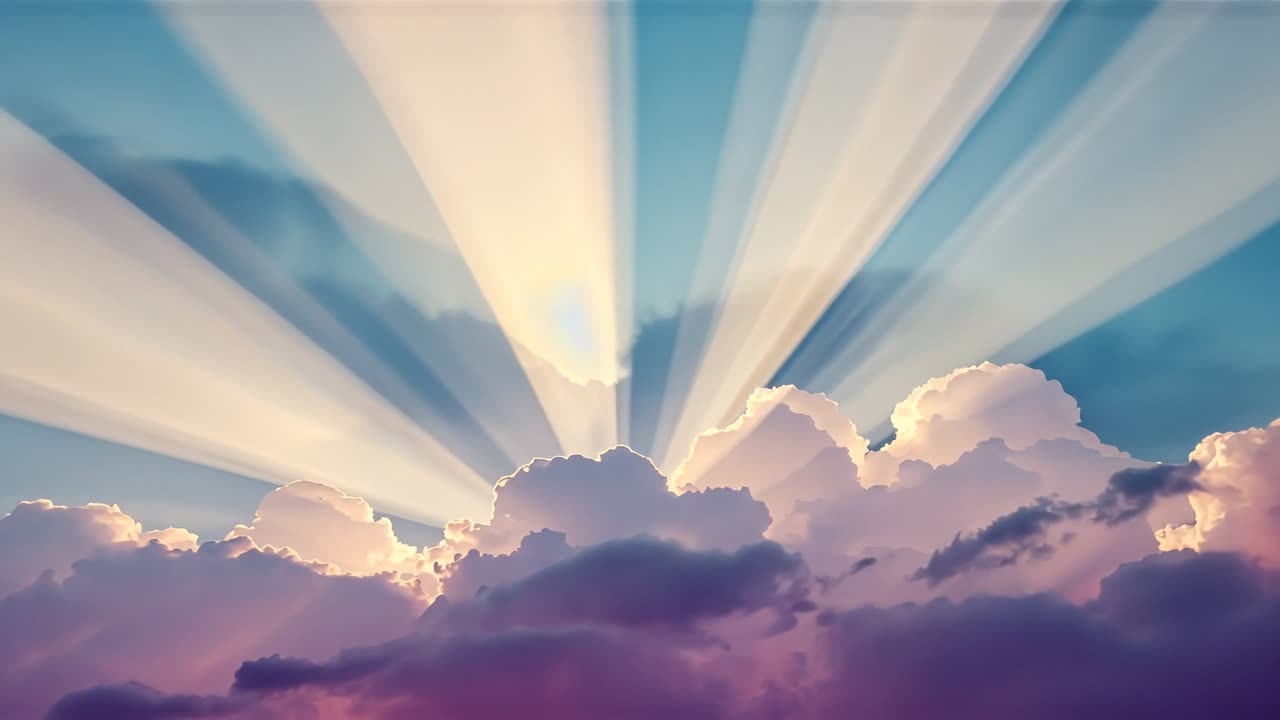 Opening central gap causing backlit cumulus bank sending sun rays at sunrise with scanline