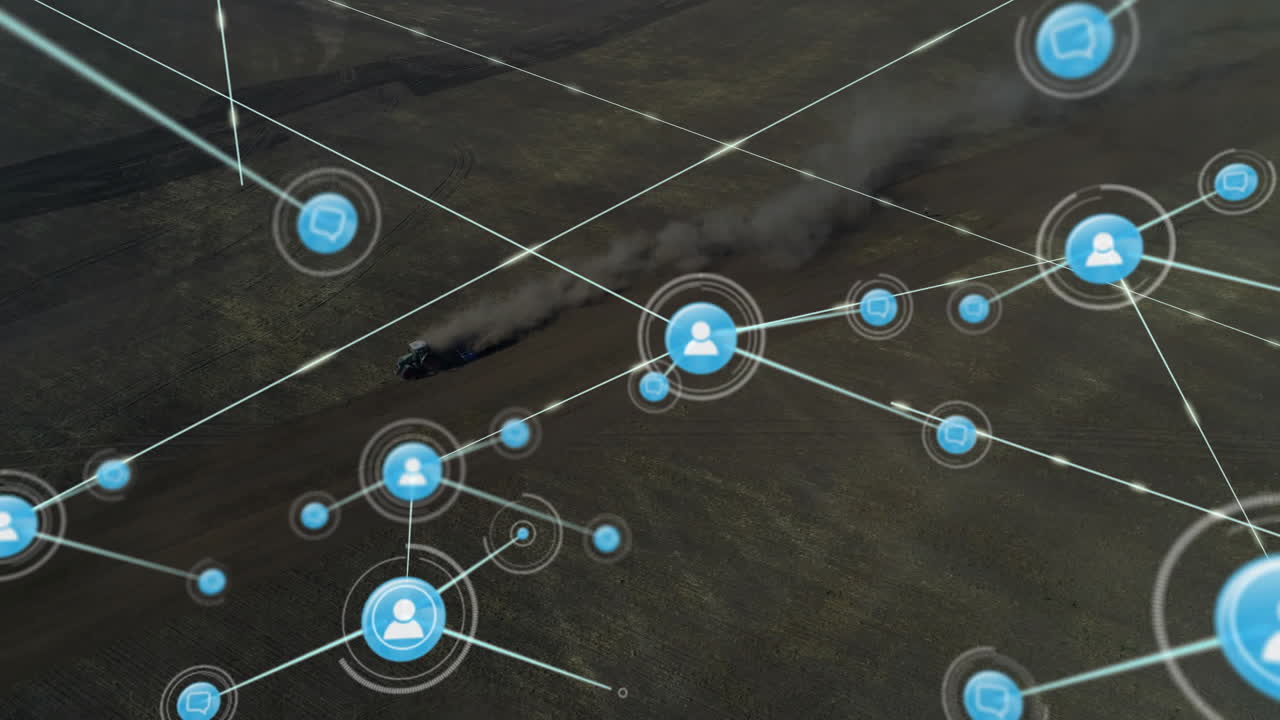 Network of connections and data processing animation over landscape with vehicle