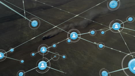 network of connections and data processing animation over landscape with vehicle