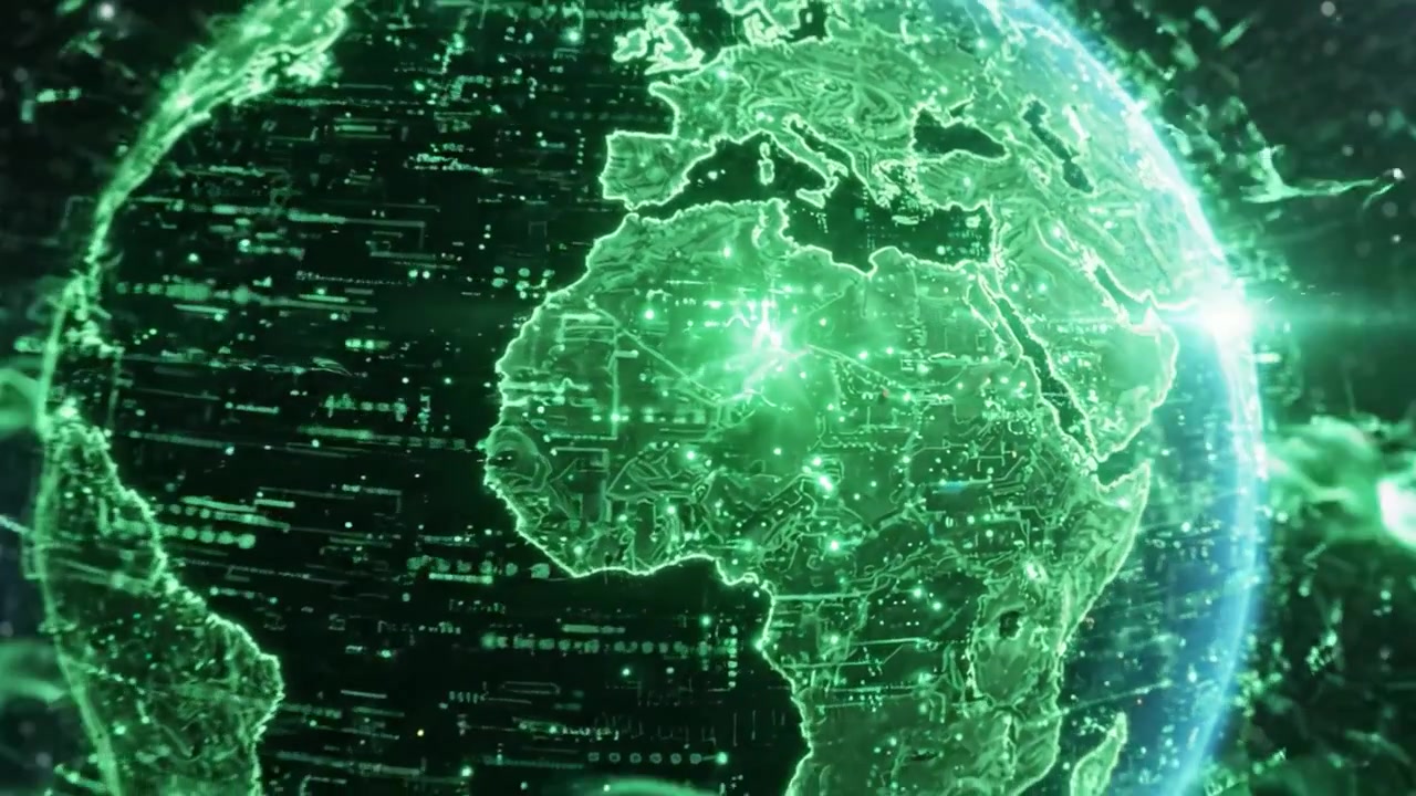 A Dynamic Representation of Earth Within a Digital Visualization, Highlighting Geographical Features and Data Flow in a Cosmic Environment