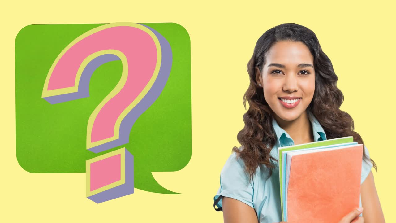 animación de una burbuja de habla con un signo de interrogación sobre una estudiante biracial
