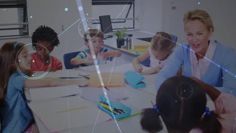 animation of network of connections over happy diverse teacher and schoolchildren