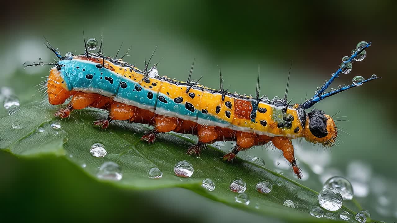 A Vivid Caterpillar glistening with Raindrops, Showcasing Colorful Patterns and Intricate Details as it Moves Along a Leaf in a Lush Environment