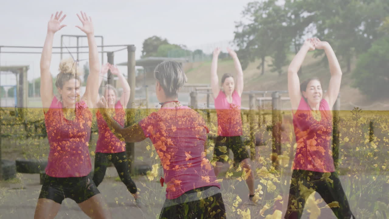 Exercising outdoors, women surrounded by animation of yellow flowers in field