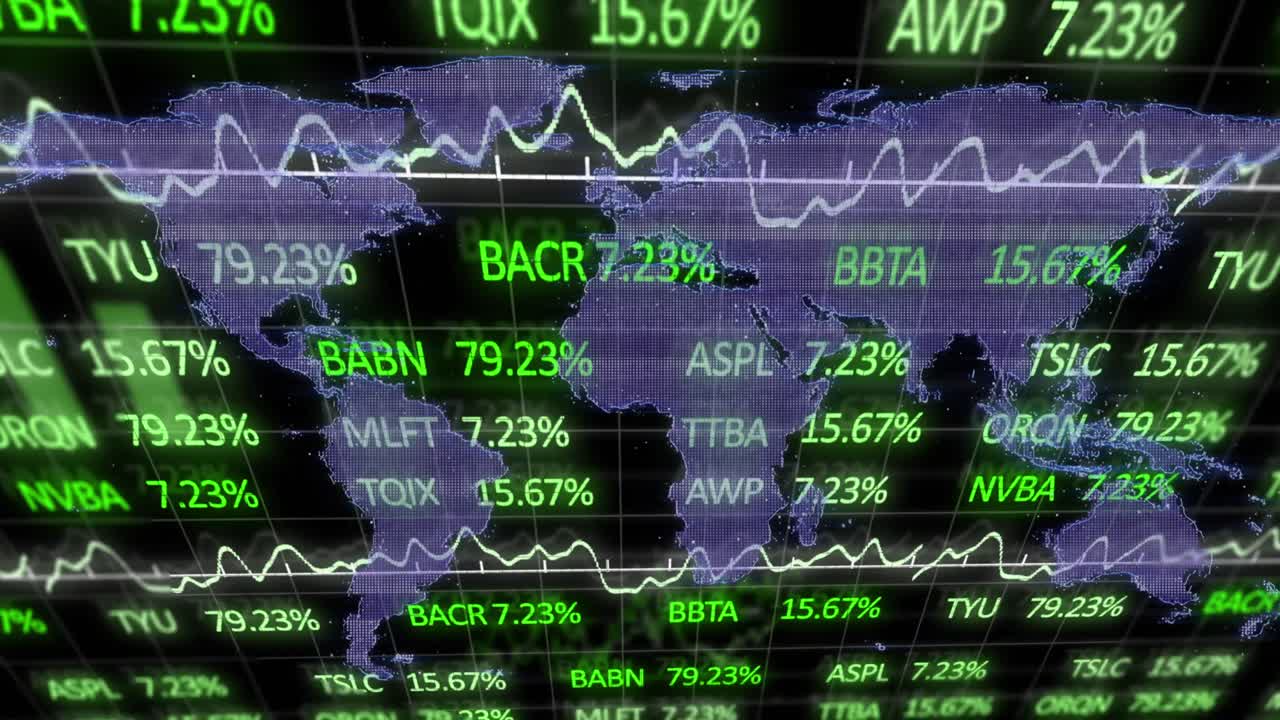 검은 바탕 위의 데이터 처리 및 세계 지도의 애니메이션