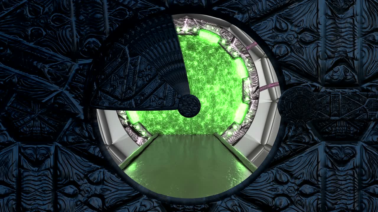 la escotilla metálica de piedra abre una vista panorámica a la escena del paisaje de la nave espacial. fondo abstracto 3d de corredor de ciencia ficción con portal. tecnología futurista abstracto vj para títulos tecnológicos y fondo.