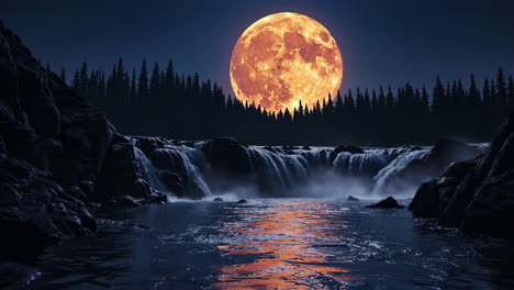 mystical orange moon over dark forest waterfall